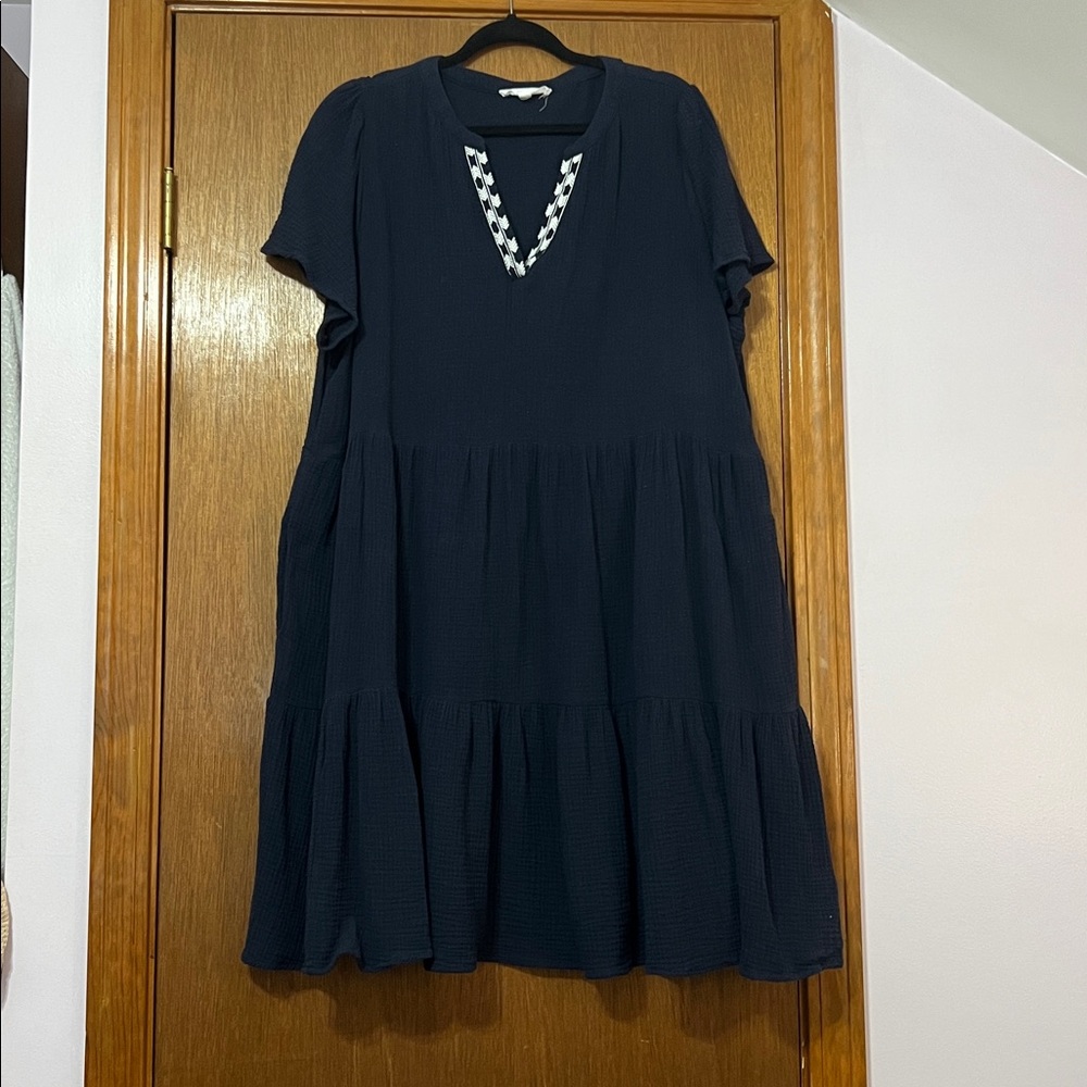 Lucky Brand Tiered Dress, Navy & White Embroidery, 100% Cotton (Gauze), Size 1X